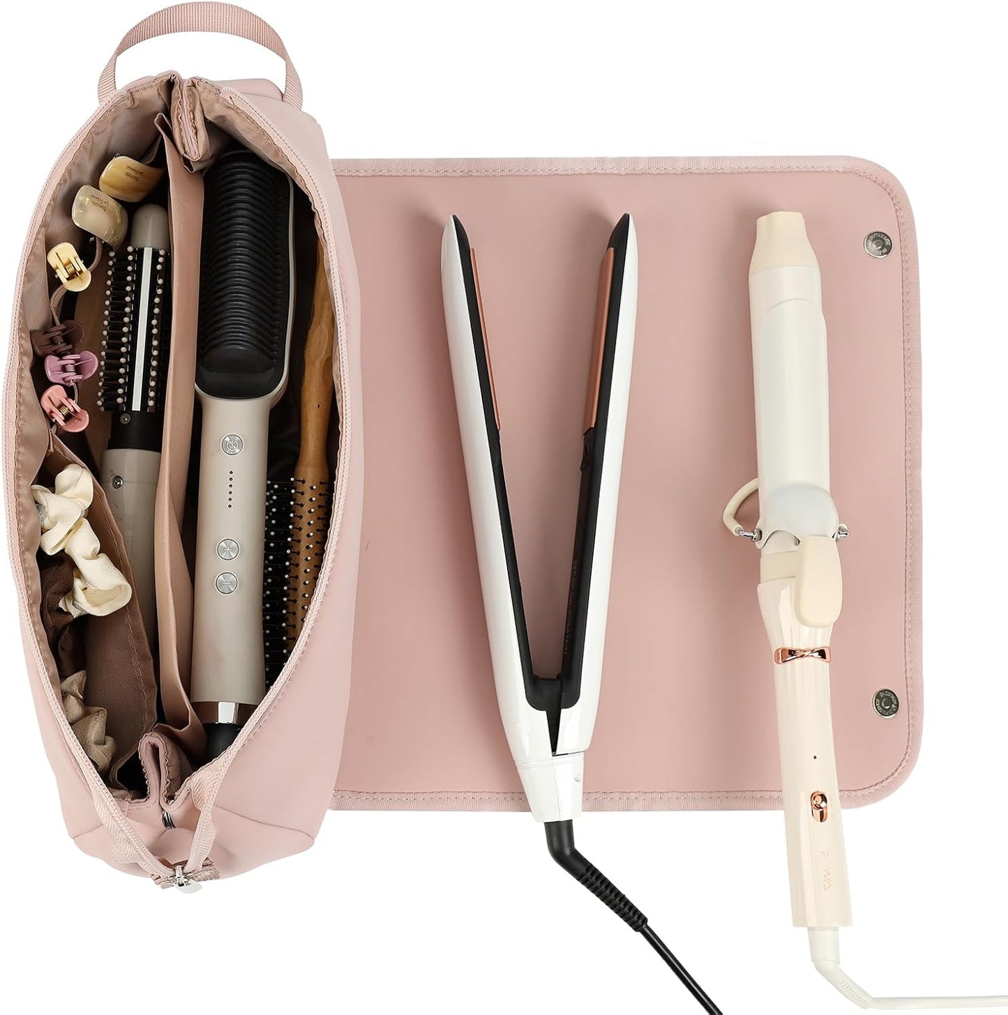 FINDCOZY Hair Tools Travel Bag, Haircare Accessory Organizer with Heat Resistant Mat for Curling Iron, Straighteners and ‌Styling Appliance, Pink