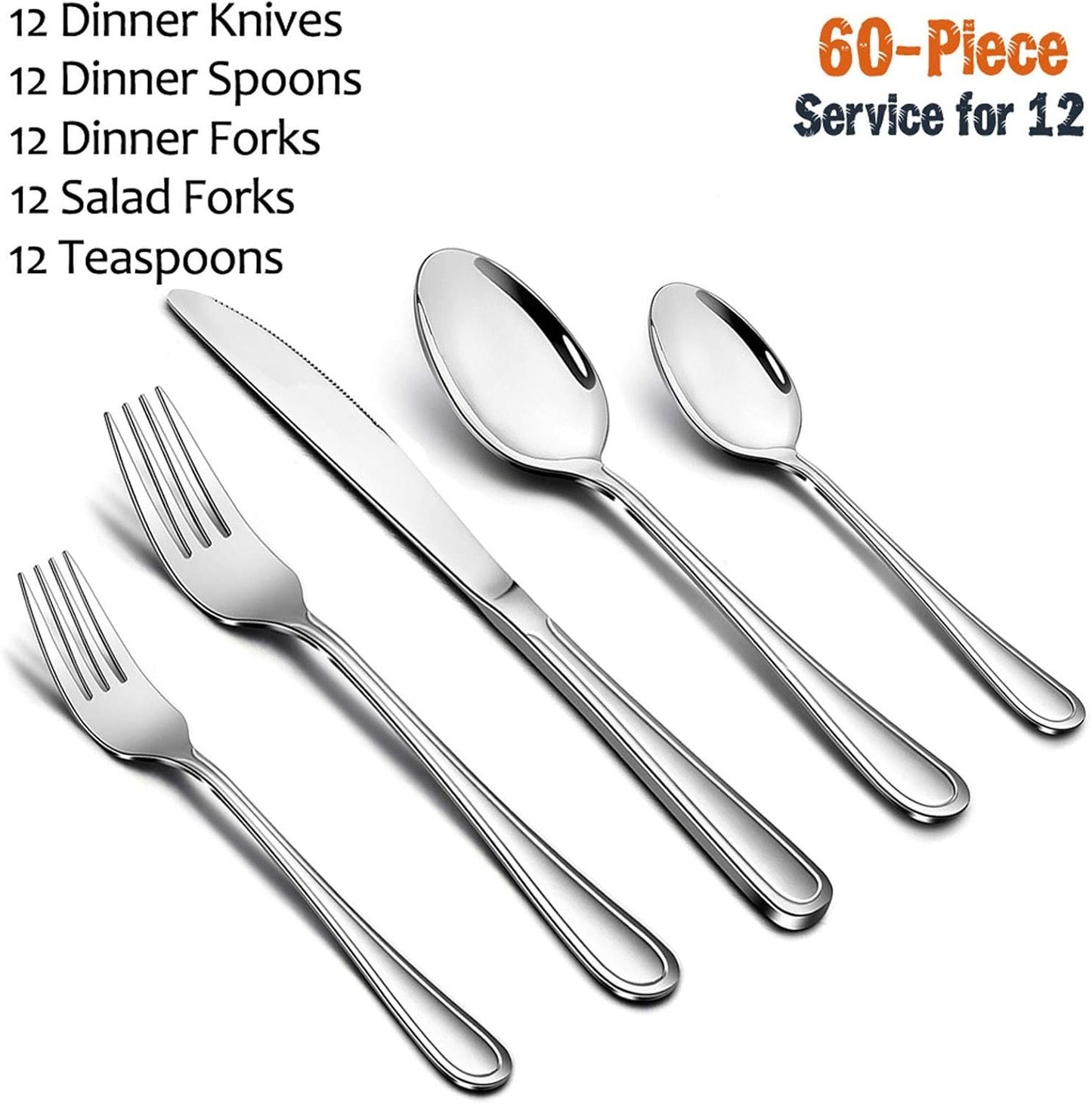 60-Piece Silverware Set, E-far Stainless Steel Classic Flatware Cutlery Set, Eating Utensils for Restaurant Hotel Party, Service for 12, Mirror Finish, Dishwasher Safe