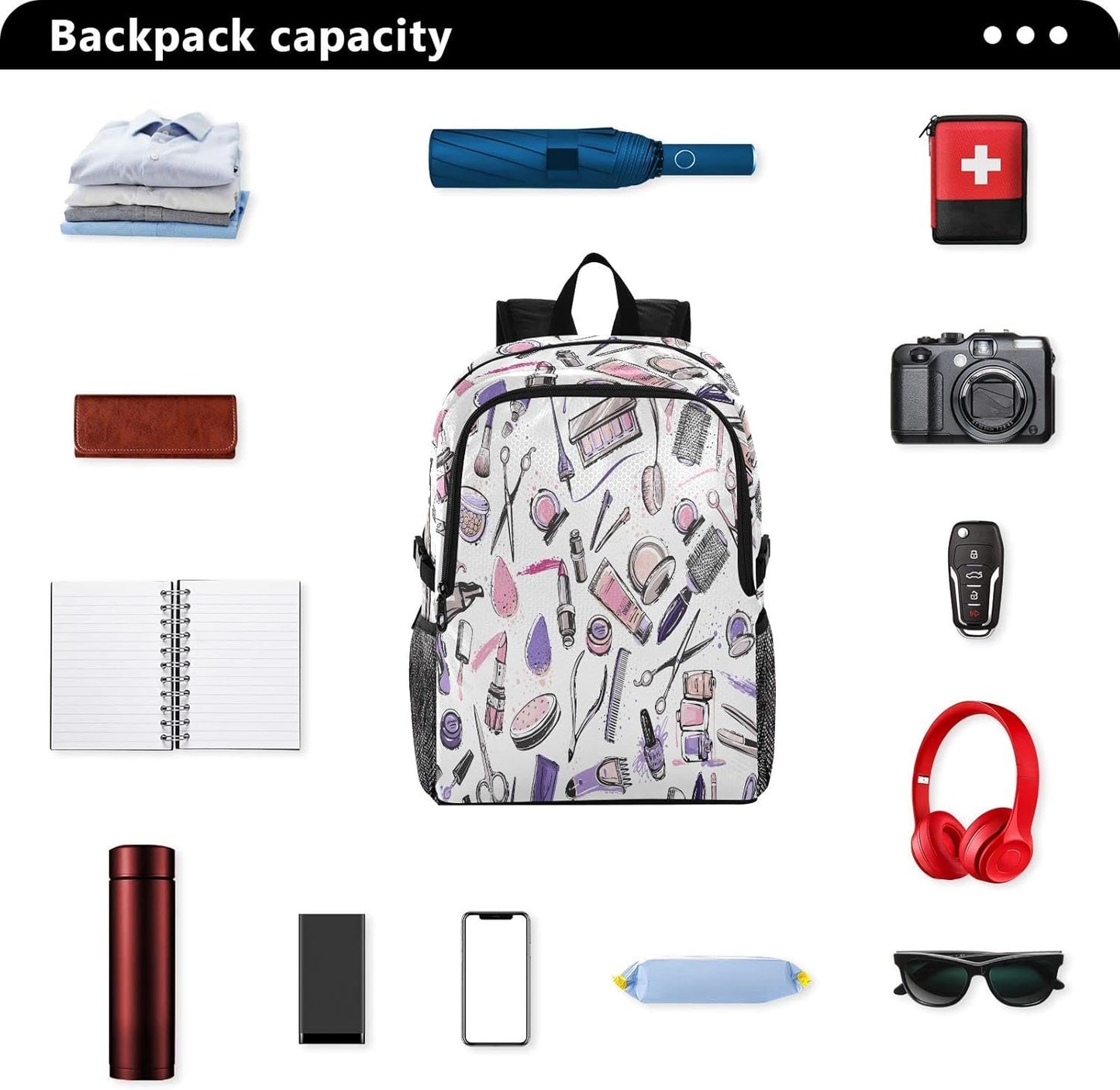 Blueangle Hairdressing Gear Pattern Backpack Lightweight Foldable Travel Camping Hiking Outdoor Sports Waterproof Backpack (423), Hairdressing Equipment Pattern, 11.2*5.9*18.5in, Hairdressing Equipment Pattern, 11.2*5.9*18.5in