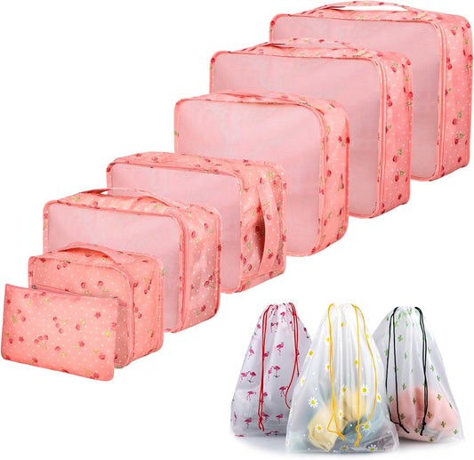 Sciphylia Organizer Suitcase Organizer Suitcase Set of 10 Travel Organizer Bags Travel Packing Cubes Useful Accessories for Clothes Cosmetics Shoes Underwear Red Pink