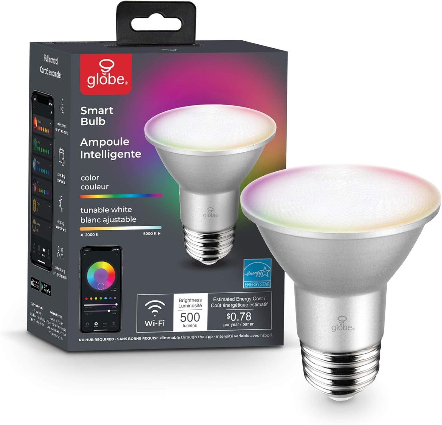 Globe Electric 34869 Wi-Fi Smart 6.5 Watt (50W Equivalent) Multicolor Changing RGB Tunable White LED Light Bulb, No Hub Required, Voice Activated, 2000K - 5000K, Energy Star, PAR20 Shape, E26 Base