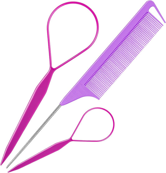 TsMADDTs 3Pack Hair Loop Tool Set with 2PCS French Braid Tool Loop 1PCS Rat Tail Comb Metal Pin Tail Braiding Comb for Hair Styling, Purple