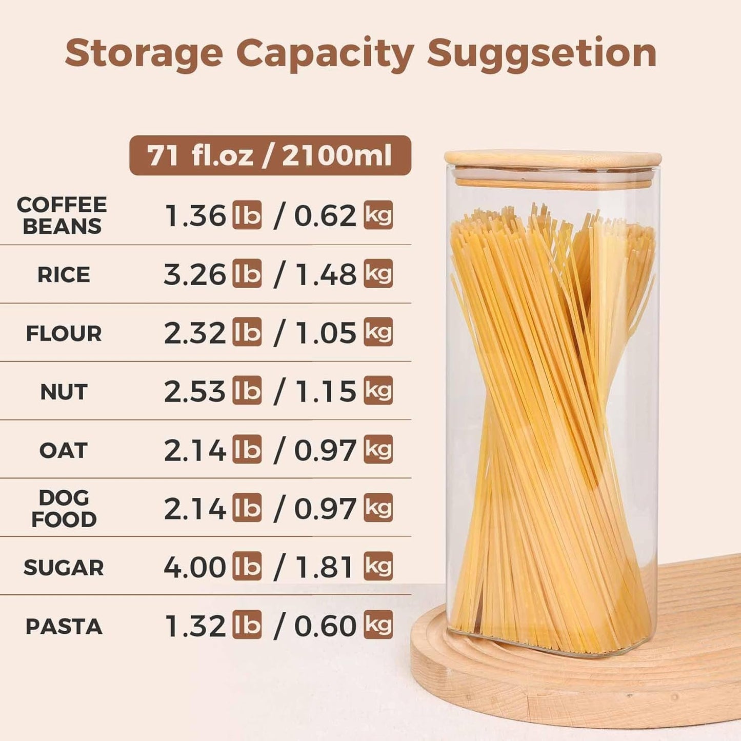 ComSaf 71oz Rectangle Glass Storage Containers with Lids, Glass Jars with Bamboo Lids, Clear Food Storage Jar, Tall Spaghetti Container, Pantry Storage Container for Pasta Flour Oats Nuts Rice
