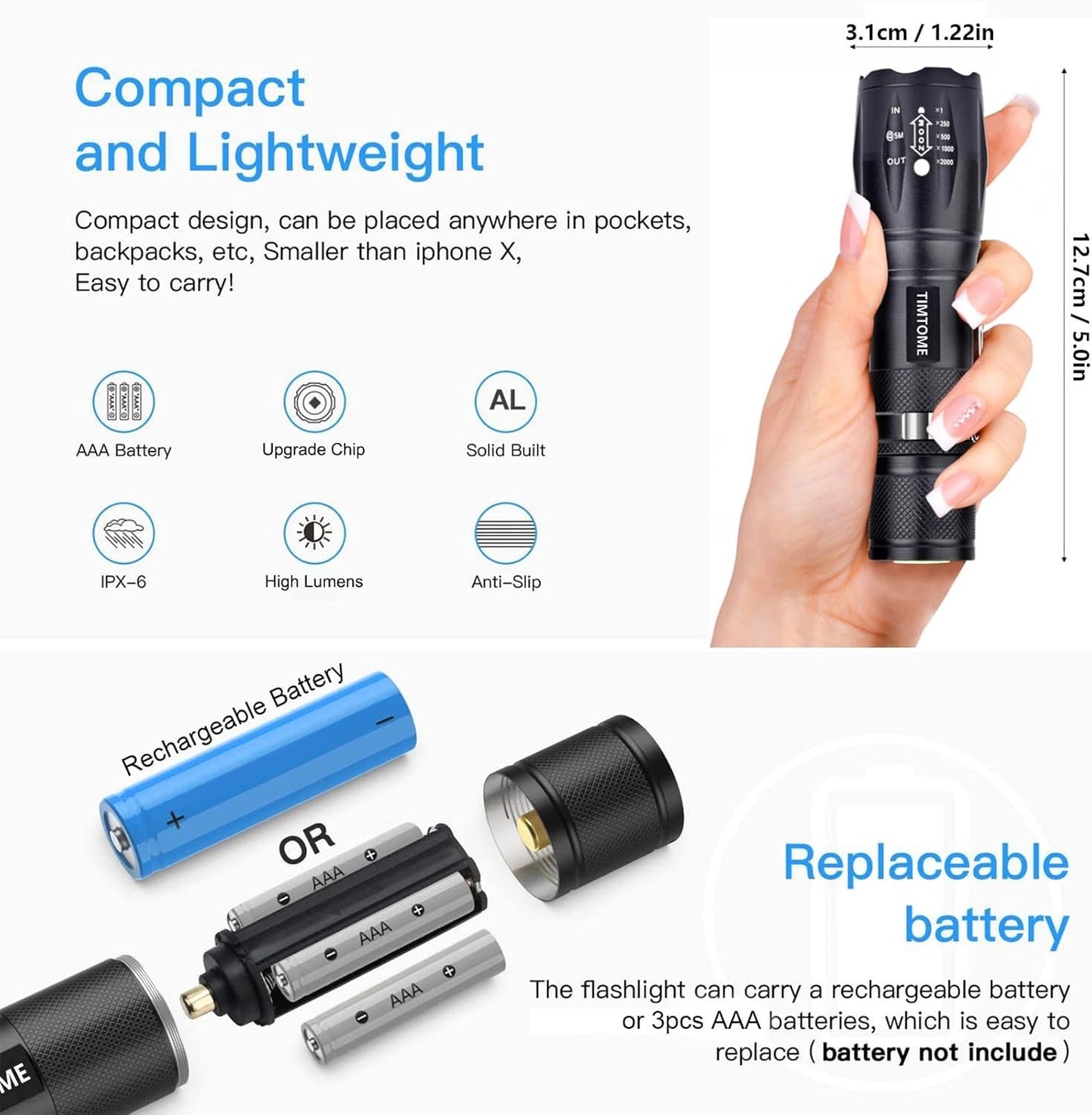 LED Flashlight, Ultra Bright XML T6 Handheld Flashlights - High Lumen, Zoomable, 5 Modes, Water-Resistant - Perfect for Camping Biking Home Emergency or Gift-Giving（2 Pack）