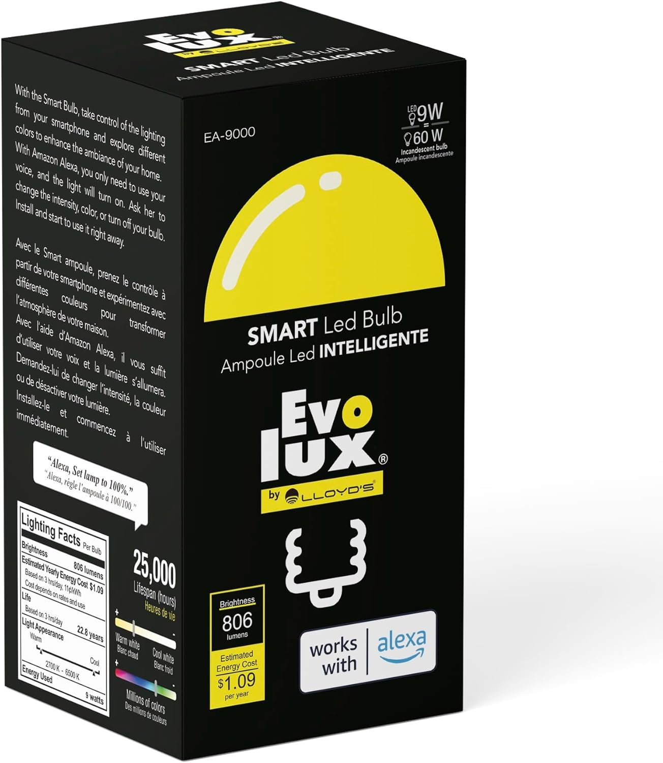 WiFi LED Dimmable Smart Light Bulb (E26) - Ampoule Intelligente - Smart Bulbs Alexa Compatible - Colour Changing, 806 Lumens - Energy Saver for 2.4 GHz Networks No Hub Needed - Warm & Cool White Light