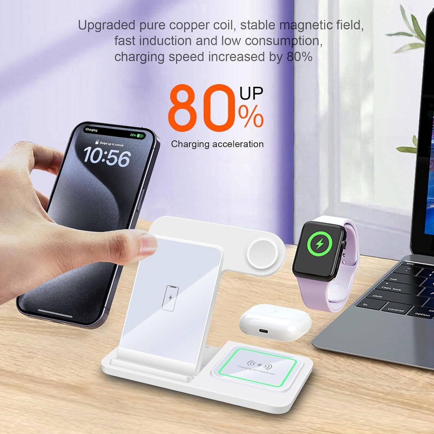3 in 1 Wireless Charger, 15W Fast Wireless Charging Station Stand Compatible with iPhone 16 15 14 13 12 11 XS Series, Air Pods Pro 2/4/3, Apple Watch Series 10/Ultra2/9/8/7/6/5/4/3/2/SE,White
