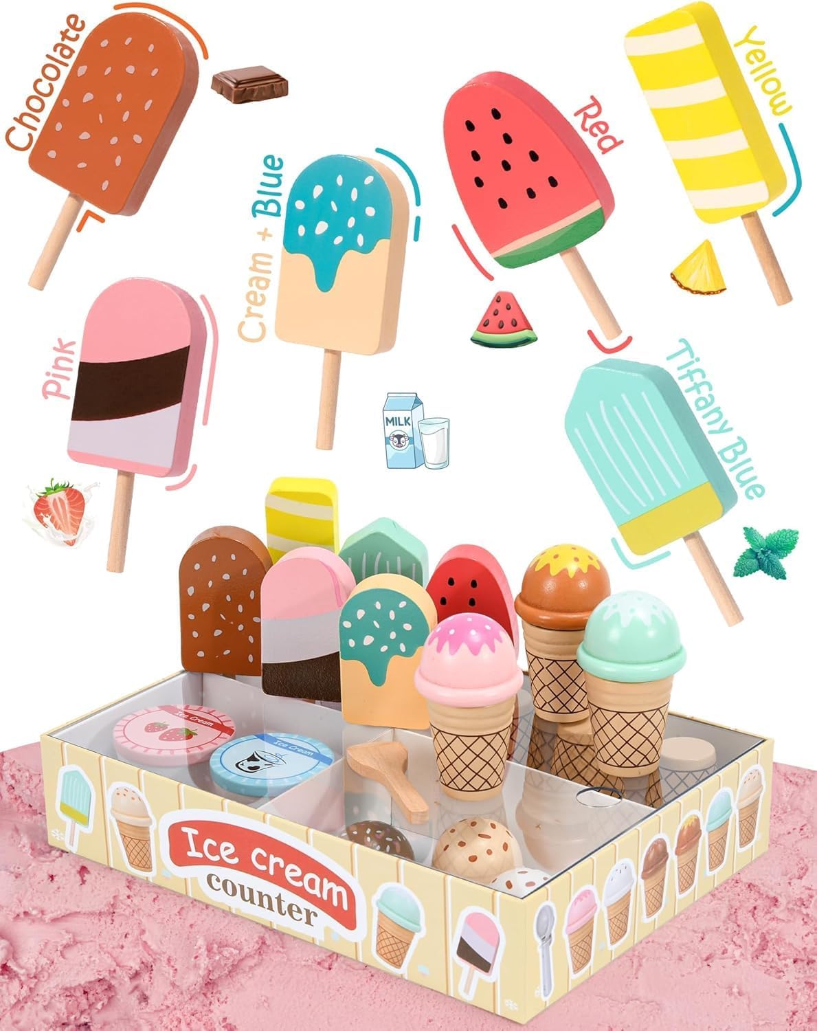 Wooden Ice Cream Toys Kids Pretend Play Store Toys for Toddlers Girls 3-5, Play Kitchen Accessories with Counter & Menu, Wooden Food Christmas Birthday Gifts for 3 4 5 Year Old Girls Boys