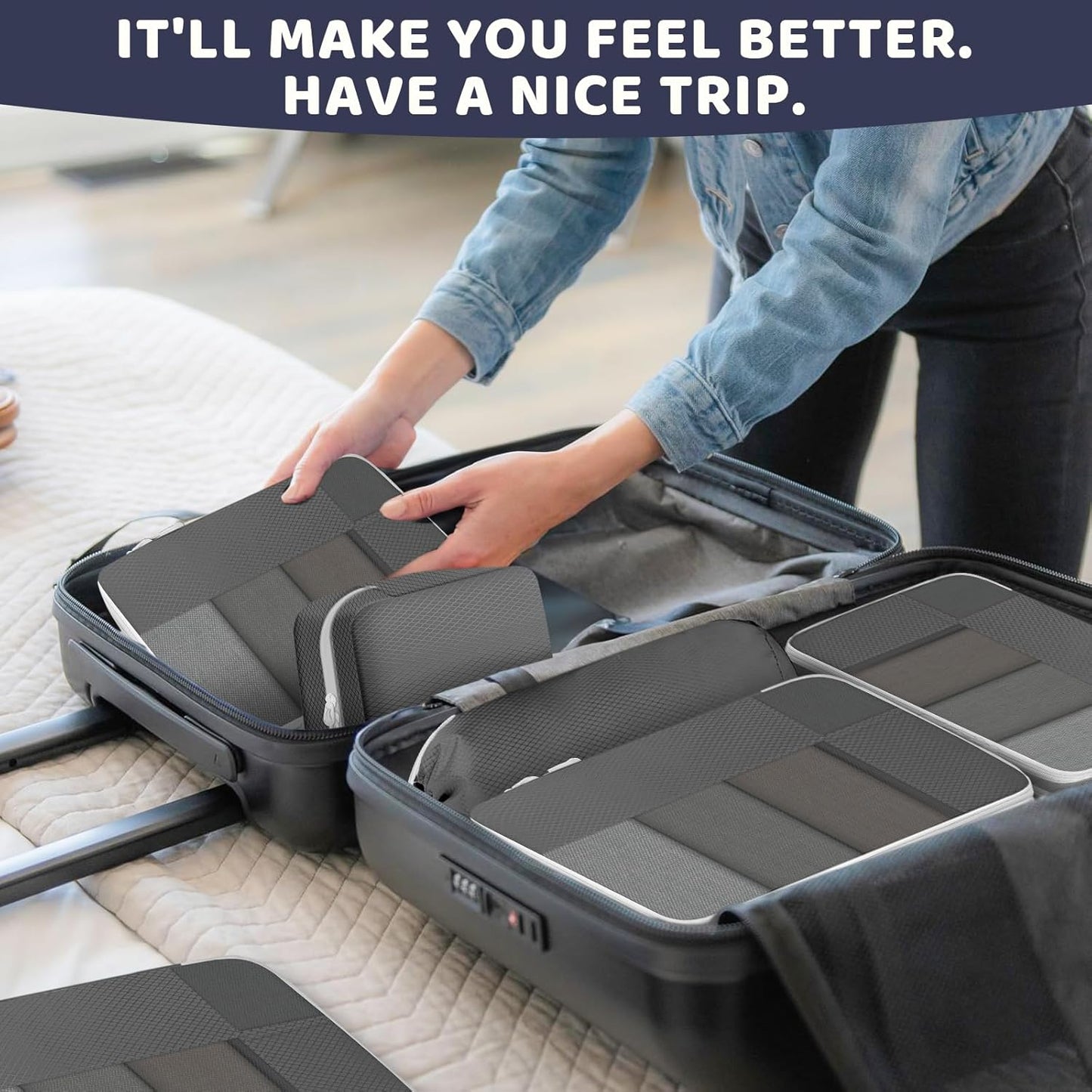 Avmvnvc 9-Piece Suitcase Organizer, Compression Packing Cube, Space-Saving Organizers, Travel Organizer Set, Dividers Suitcase for Clothes, Shoes, Cosmetics, Grey