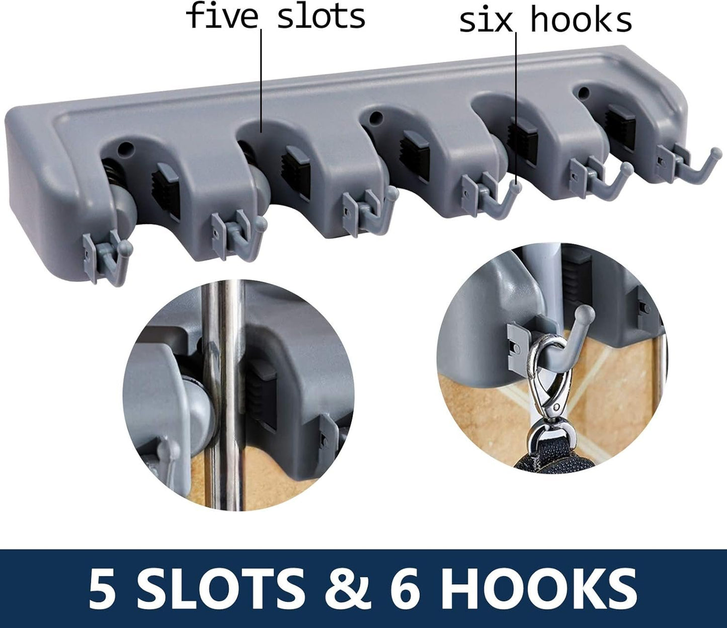 Mop and Broom Holder - Wall Mounted Garage Tool Organizer Broom Hanger Rack- Ideal for Home Kitchen Garage Garden Laundry Bathroom Tool Organizer With 5 Racks and 6 Hooks Broom Holder