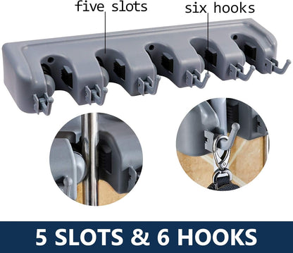 Mop and Broom Holder - Wall Mounted Garage Tool Organizer Broom Hanger Rack- Ideal for Home Kitchen Garage Garden Laundry Bathroom Tool Organizer With 5 Racks and 6 Hooks Broom Holder