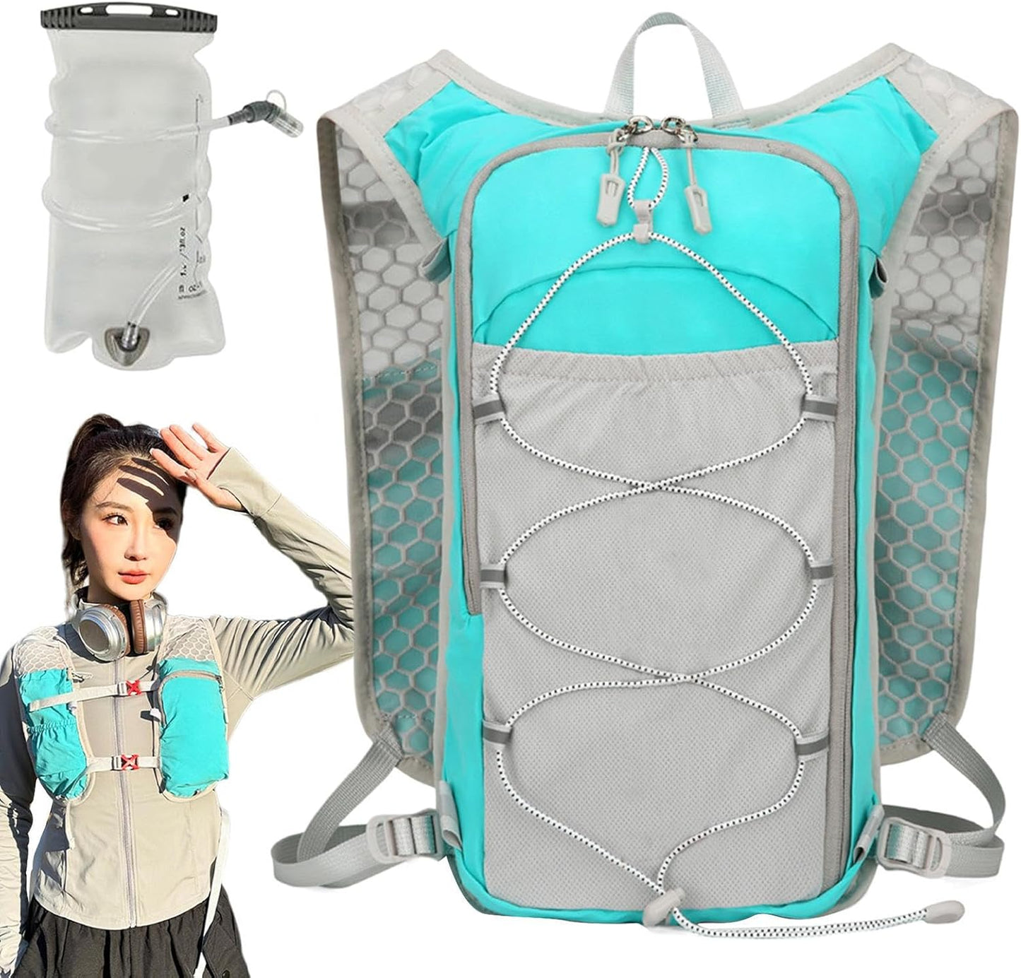 Running Hydration Pack, Reflective Lightweight Vest, 15.75x8.66x3.15 Inches Breathable Sports Bag, 1.5L Water Bladder Carrier, Outdoor Workout Gear for Women Camping Riding Travel