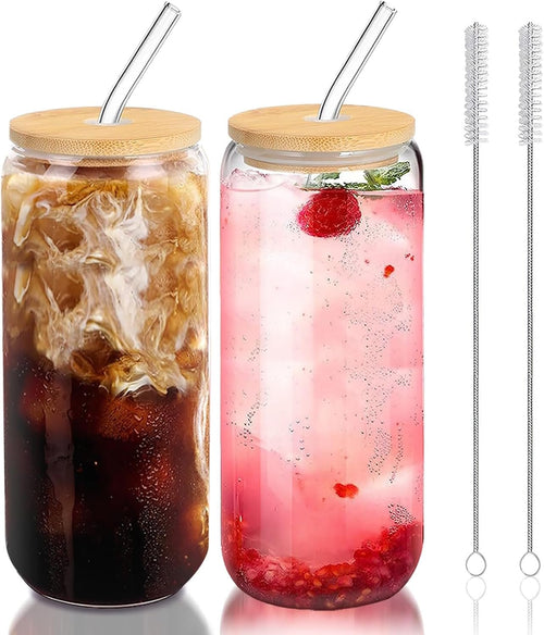 DAMCONME Glass Cups with Lids and Straws,20 Oz Glass Tumbler with Straw and Bamboo Lid for Iced Coffee,Whiskey,Soda,Tall Bottles Suit for Hot and Cold Drinks,Dishwasher Safety,Gifts(2 Brush)