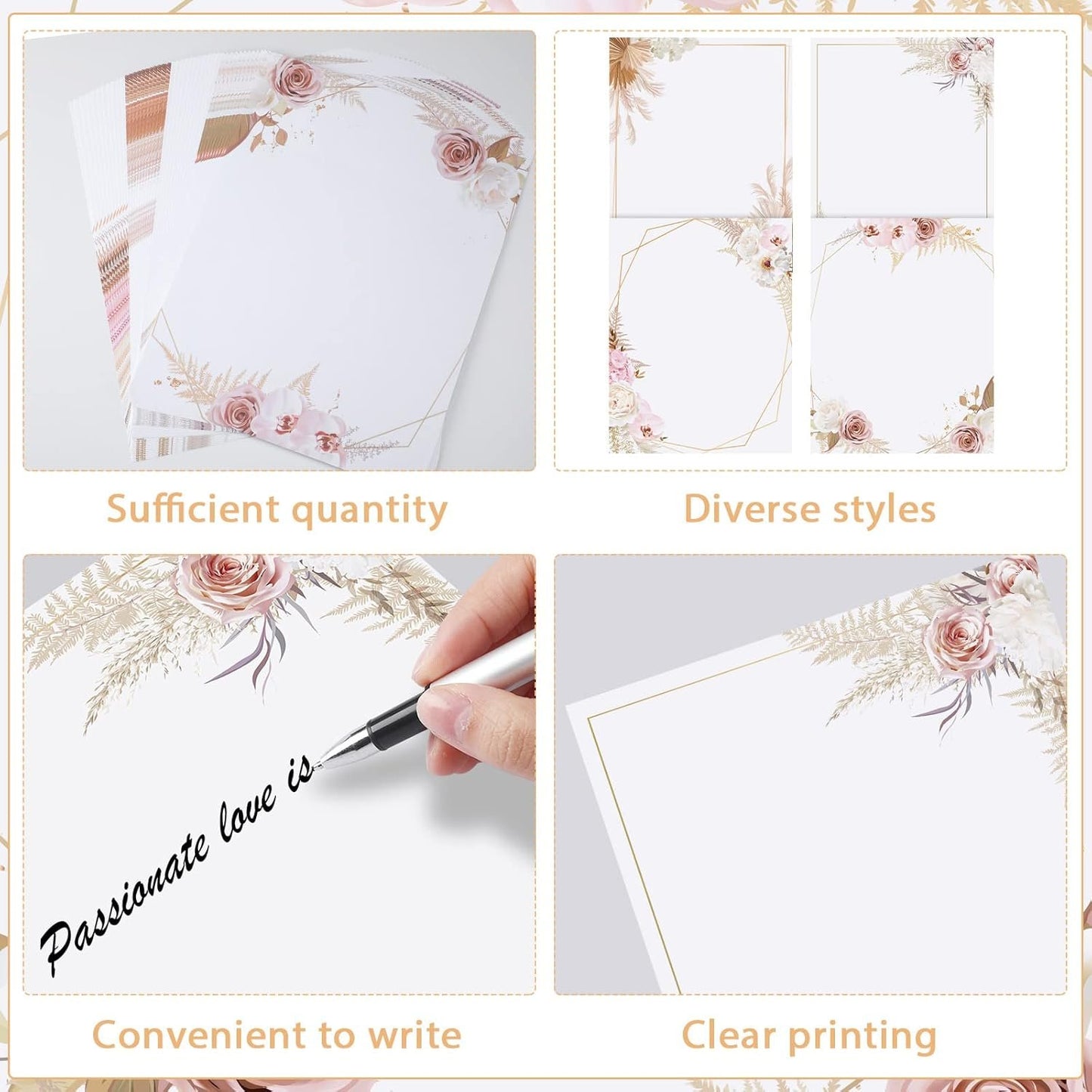Teling 48 Sheets Decorative Printer Paper Writing Scrapbook Wedding Program Paper 8.27 x 10.6 Inches Greenery Flower Border Writing for Drawing Office Thank Greeting Stationery Supplies(Reed)