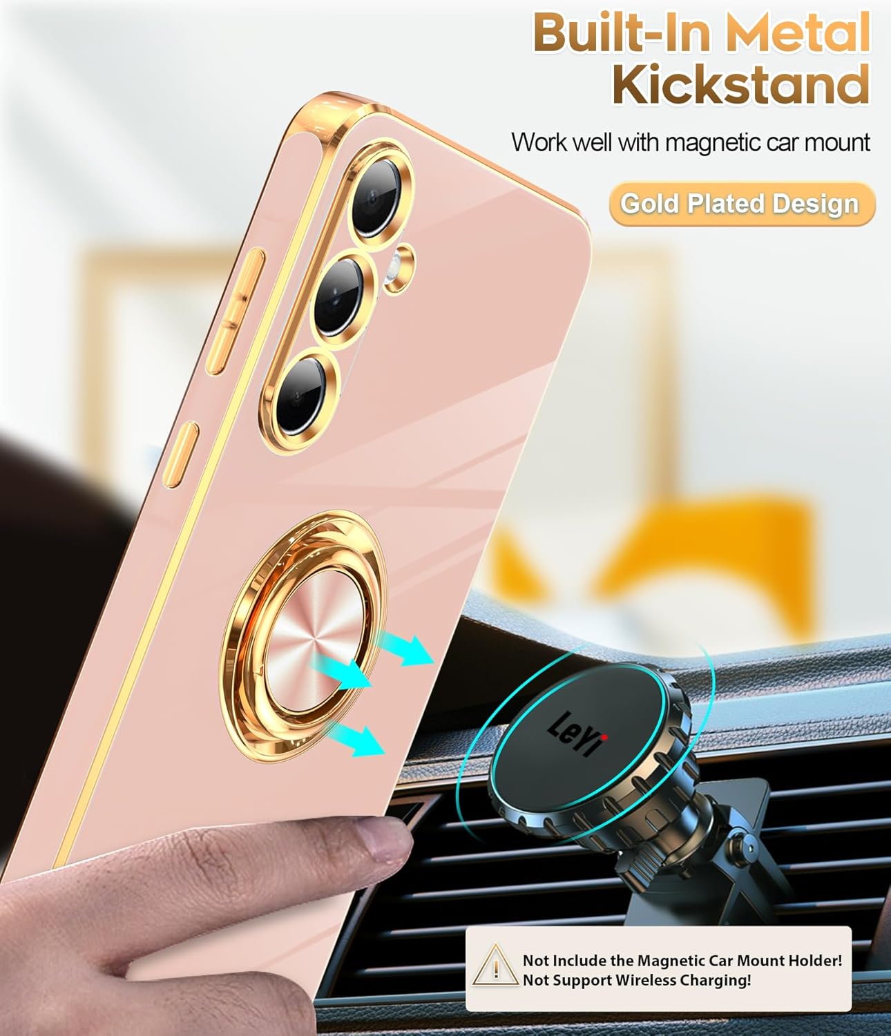 LeYi for Samsung Galaxy A55-5G Case: Samsung A55 Case with Slim Fit Soft 360° Ring Holder Kickstand Support Car Mount Shockproof Plated Gold Edge for Galaxy A55 5G Case, Pink