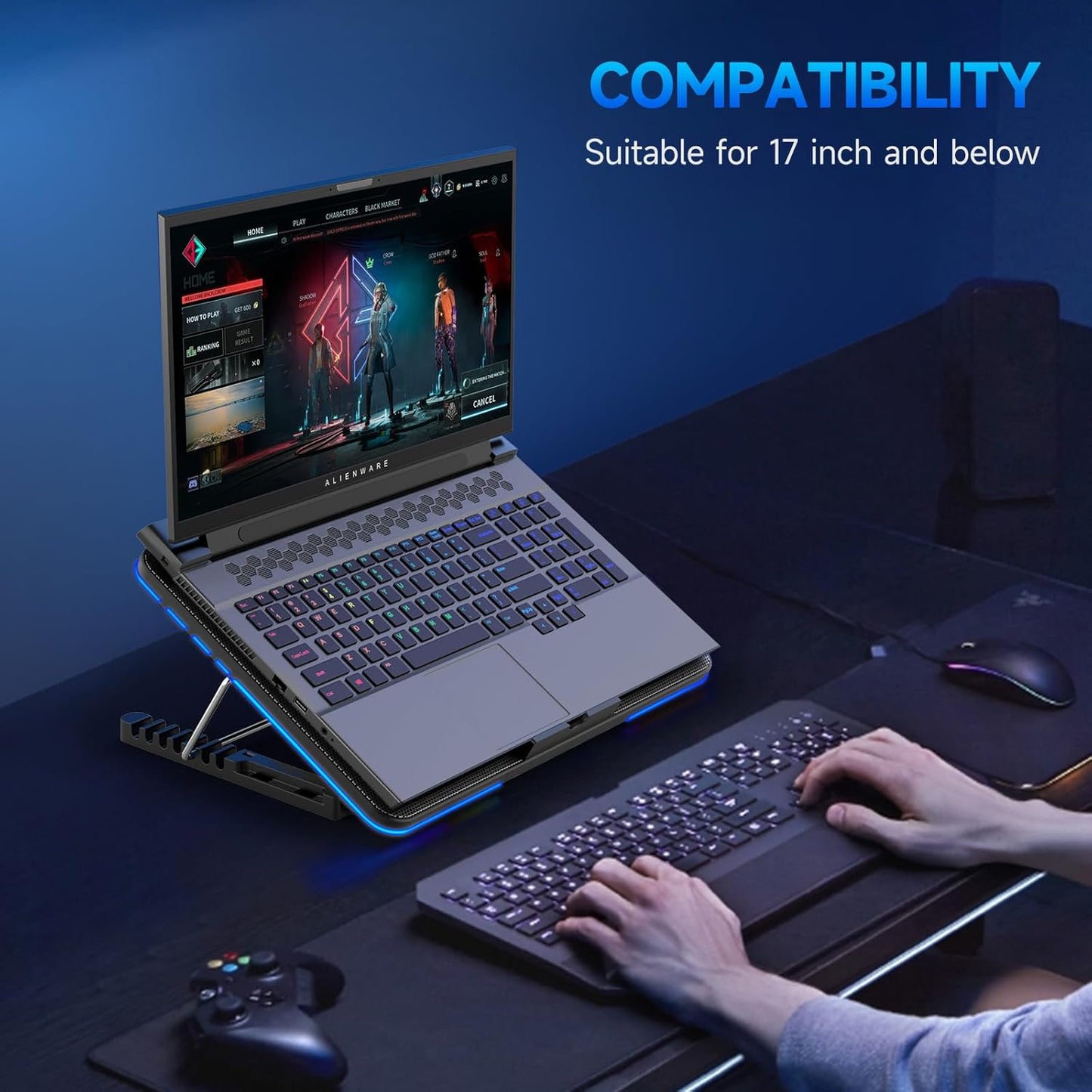 LIANGSTAR Laptop Cooling Pad, Laptop Cooler with 6 Quiet Fans for 12-17 Inch Notebook Gaming Fan Stable Stand, 7 Height & Wind Speed Adjustable, Blue LED Light can Turned Off，2 USB Port & Phone Holder