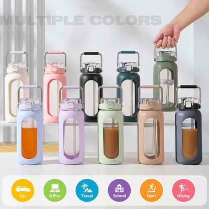 BLUEGO 64oz Purple Glass Water Bottle with Stainless Steel Handle, Time Markers, Silicone Sleeve - BPA Free for Gym, Daily Use, Workout, Travel, Camping, Sports