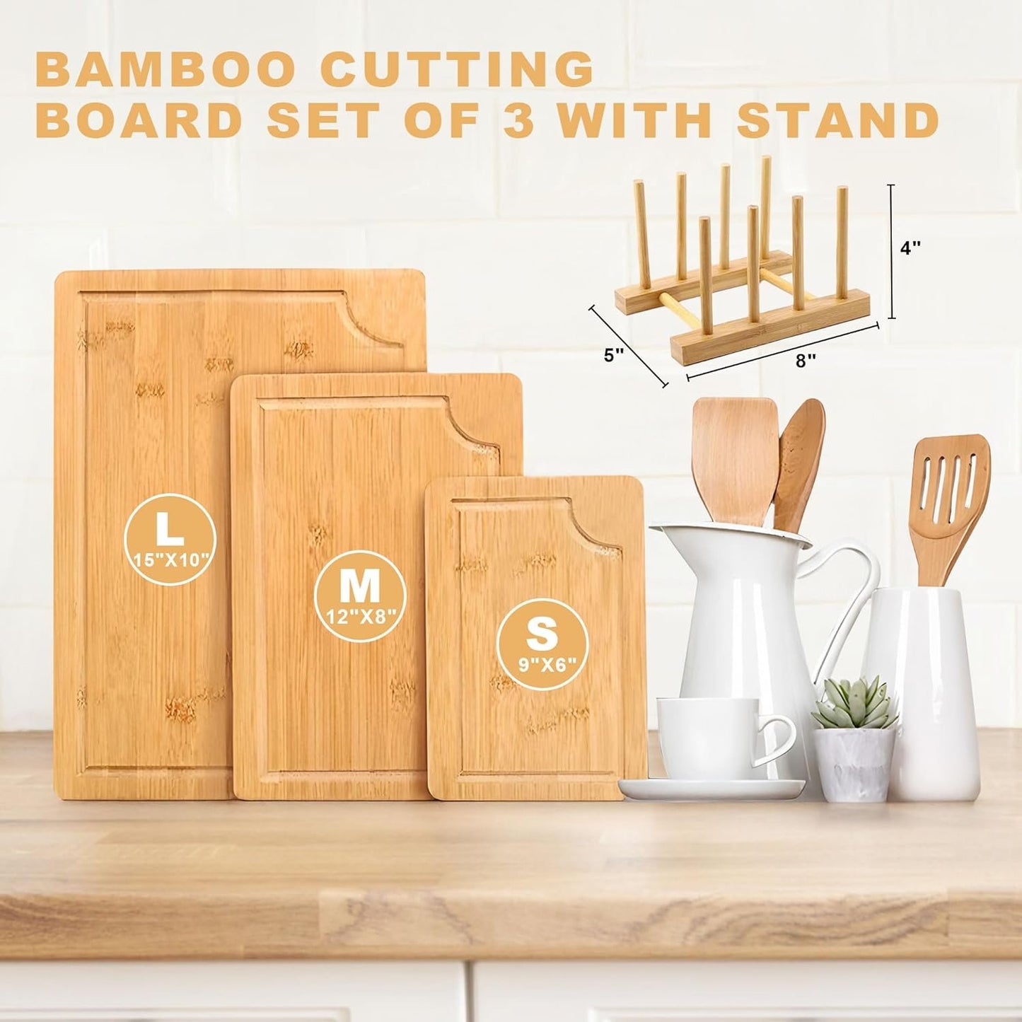 Alijoy Bamboo Cutting Board Set with Holder – Wooden Cutting Boards for Kitchen Set of 3, Chopping Board Set with Juice Groove – Kitchen Accessories for Home