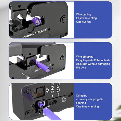 RJ45 Crimp Tool, Adjustable Crimping Mode Safety Lock Pass Through Crimping Tool Crimper Cutter for RJ45 8P/RJ11 6P for Cat5e/Cat6a/Cat7a