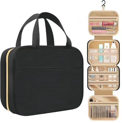 Travel Toiletry Bag with Hanging Hook, Water-Resistant Makeup Cosmetic Bag Travel Organizer for Travel-Sized Shampoo, Conditioner, Brushes Set, Makeup Accessories, Black