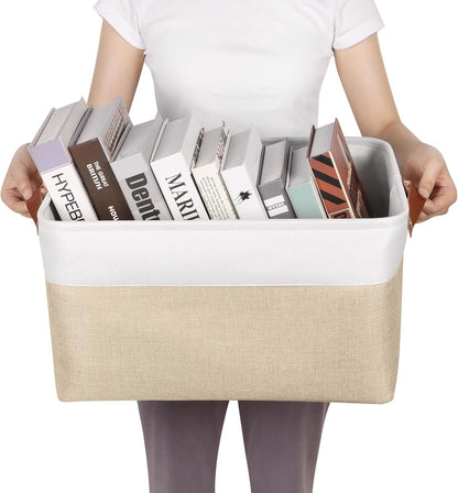 KEEGH Fabric Storage Bins,15 x 10.5 x 9.5 Foldable Storage Baskets Large Collapsible Organizer Baskets 3-Pack with Leather Handle for Home Nursery Organization,White/Brown