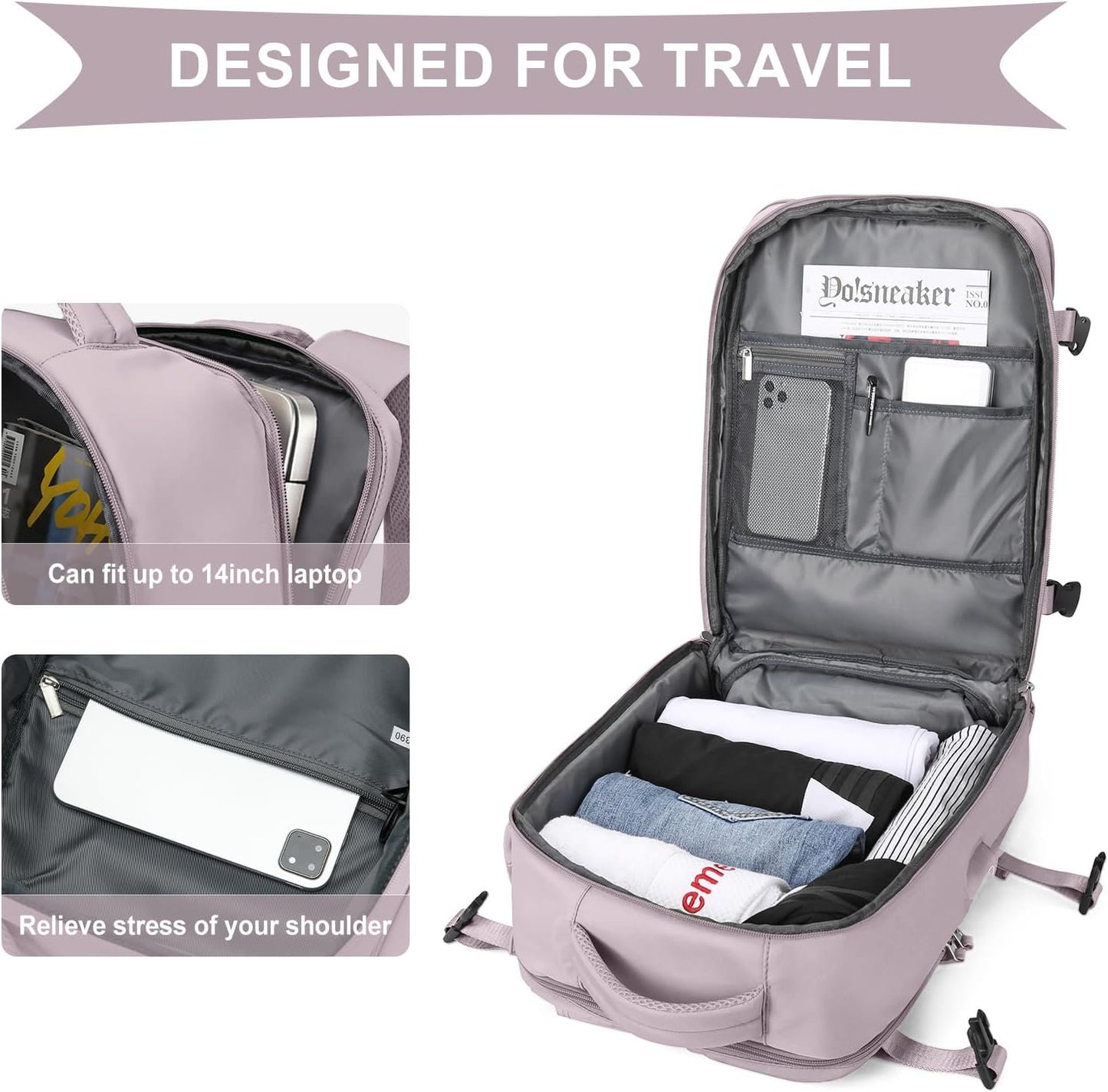 Cabin Bags for Travel, Underseat Carry-ons Bag for Women, Hand Luggage Bag Men Travel Backpack Cabin Size Fit 14 inch Laptop backpack Lightweight Version Lotus Root Pink