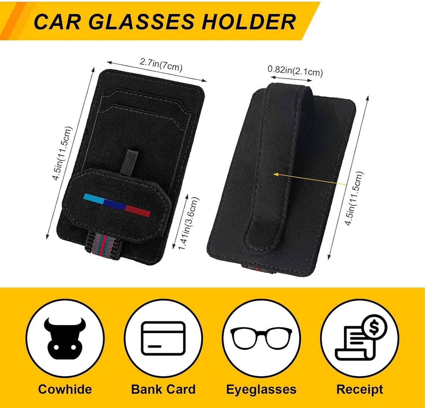 BREENHILL Magnetic Car Visor Sunglasses Holder, Leather Card and Ticket Clip, Interior Accessory,Suitable for Different Size Eyeglasses (Black)
