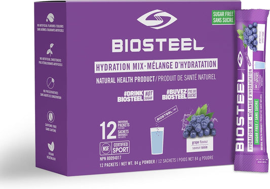 BioSteel Hydration Mix, Proudly Canadian - Great Tasting Hydration with Zero Sugar, and No Artificial Flavours or Preservatives, Grape Flavour, 12 Single Serving Packets