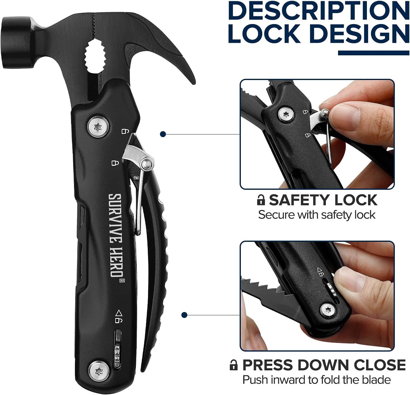 SURVIVE HERO Multitool Camping Accessories – Mini Hammer Multi Tool Pocket Knife, Christmas Birthday Fathers Gifts for Men Dad Him, Survival Gear Hiking Camping Gadgets for Men (Best Gift Idea)