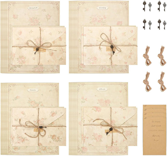 LELE LIFE Vintage Floral Stationary Paper and Envelopes Set, 4 Styles Aged Antique Lined Stationery Sets for Letter Writing Kit, 150GSM Thick Double Sided Old Paper,Style A