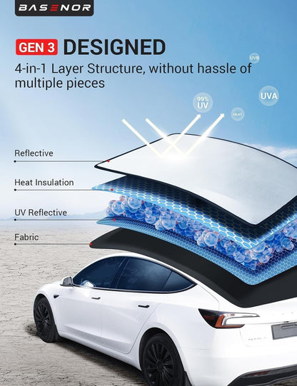 BASENOR Tesla Model 3 Sunshade Front & Rear Glass Roof Sun Shades with Storage Bag Sunshade Blocking Heat Cover for 2017-2020 Model 3 Interior Accessories Black