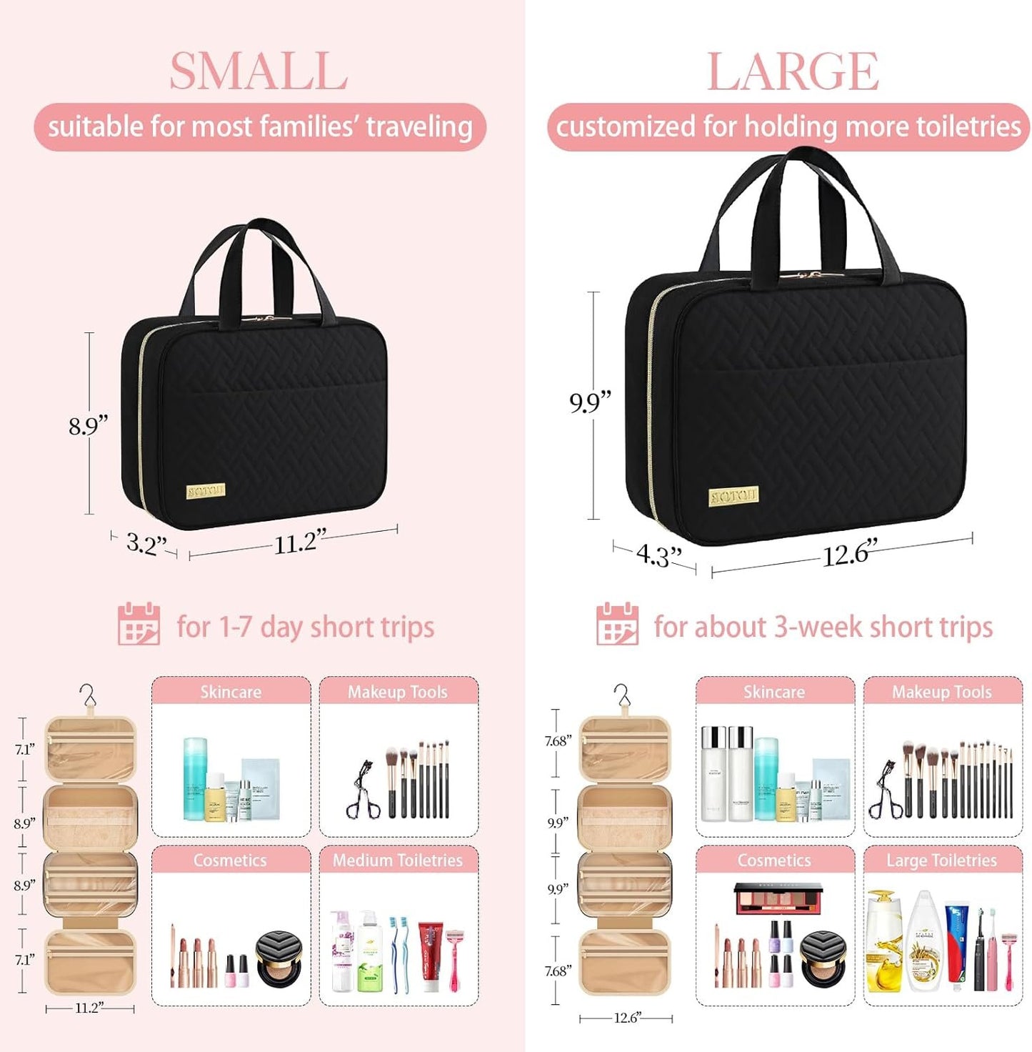 HOTOR Travel Toiletry Bag - Toiletry Bag w/Hanging Hook - Spacious Toiletry Bag for Women & Men, Makeup Bag/Big Comparment, Waterproof for Travel Accessories, Travel Essentials, Small, Black