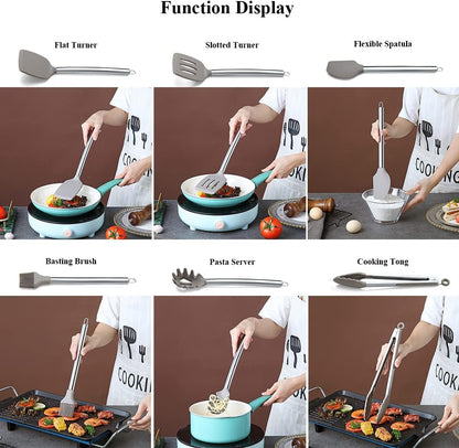38 Pieces Kitchen Utensil Set with Utensil Holder, Silicone Head and Stainless Steel Handle Pots, Kitchen Utensils, Non-Stick Kitchen Gadgets, Dishwasher Safe (Silver)