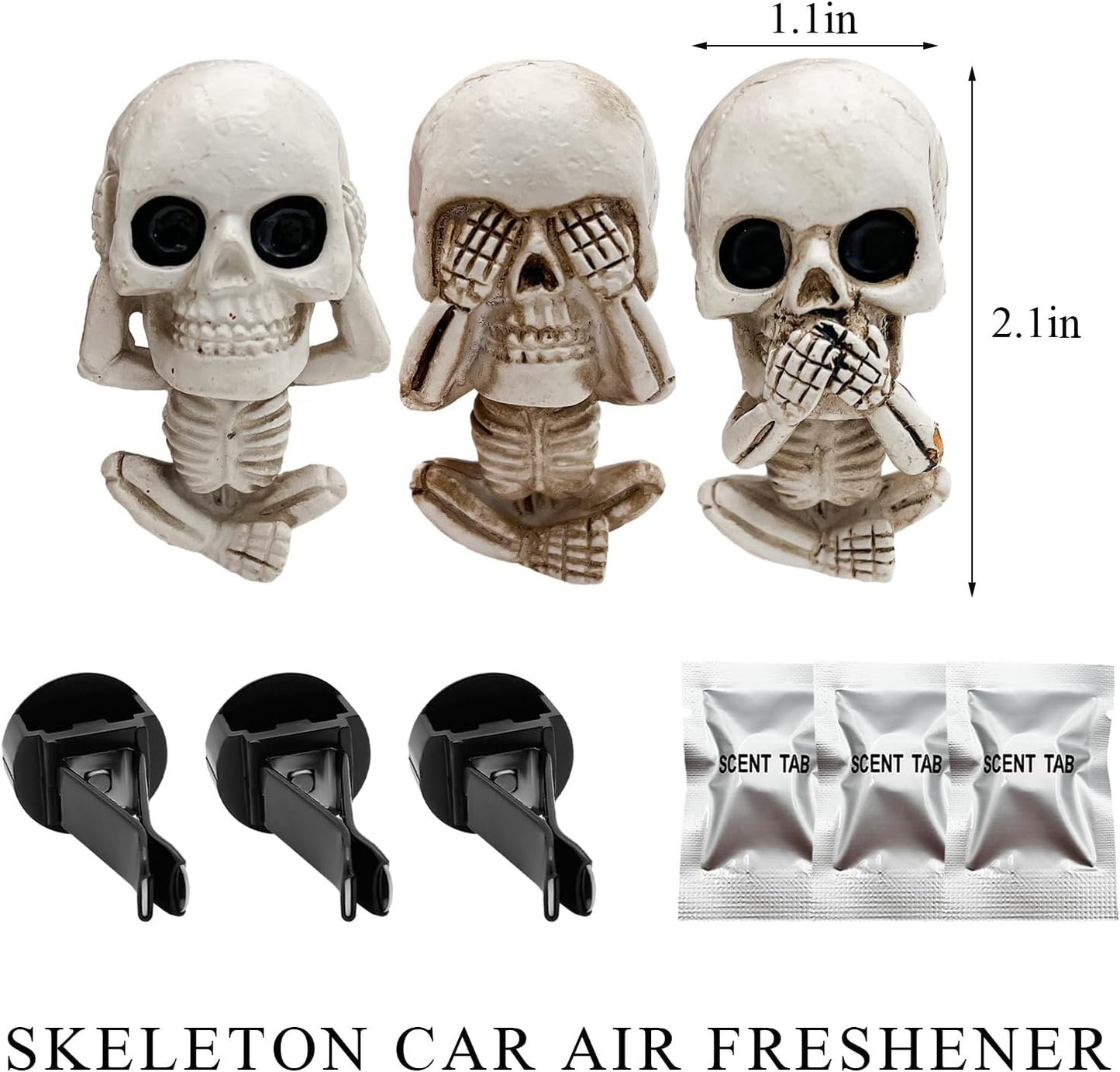 JUSTTOP 3 PCS Skull Car Air Freshener, Cool Skeleton Auto Air Freshener with Vent Clips, Air Fresheners Vent Clips Diffusers for Car Office Home Decor, Interior Car Accessories