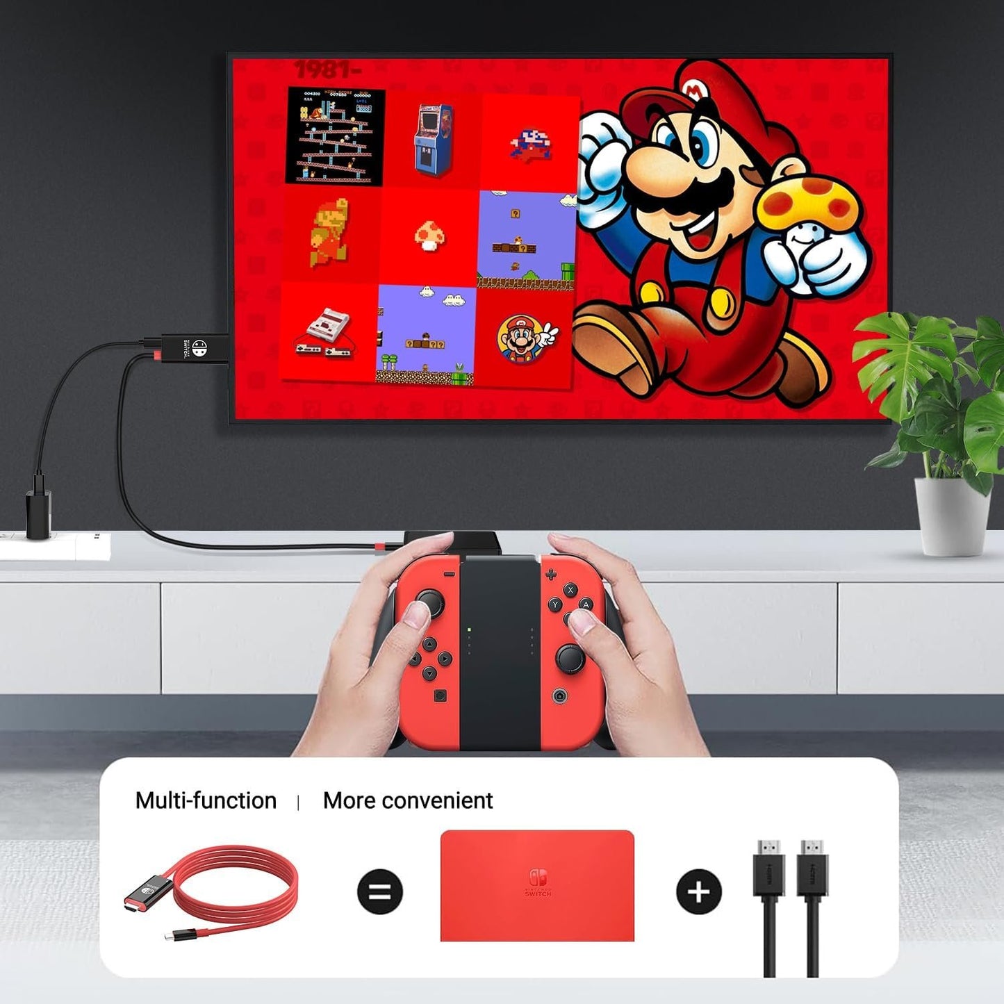 USB C to HDMI Adapter Cable for Nintendo Switch Dock,6FT/1.8M Switch Docking Station for TV with 4K Switch Dock HDMI Cable, 100W Switch Charging Dock- Black with Red