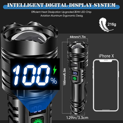 Anyuainiya LED Torch Rechargeable Flashlights High lumens, Super Bright 200000LM Flashlight with Digital Power Display and 5 Modes, Waterproof Zoomable LED Flashlight for Emergencies, Camping, Hiking