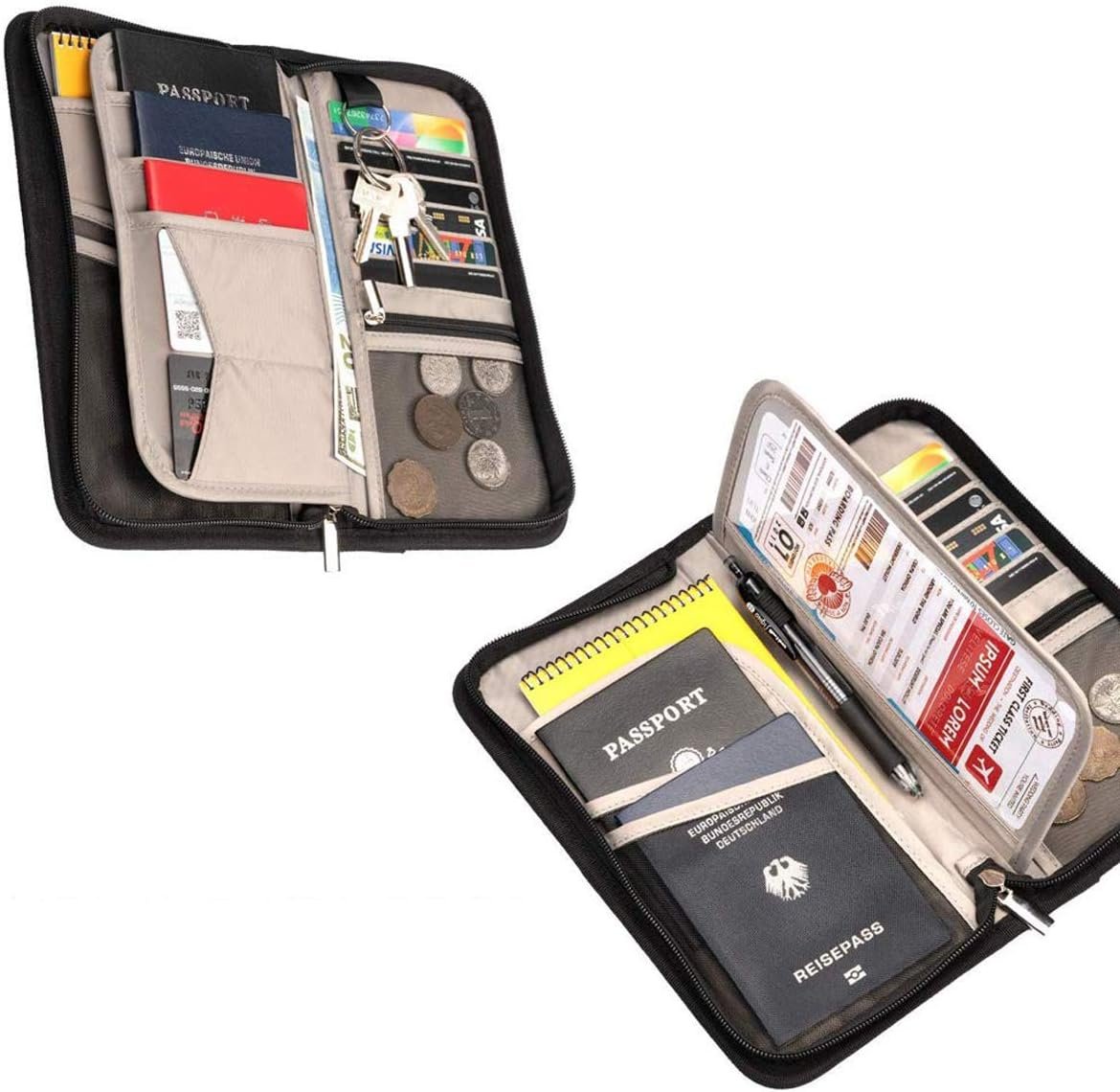 RFID Blocking Passport Wallet, RUMANLE Family Travel Passport Holder Bag Waterproof Card Organiser with Hand Strap Zip,Ticket Cash Coins Holder Case for Outdoor Sporting Traveling - Black