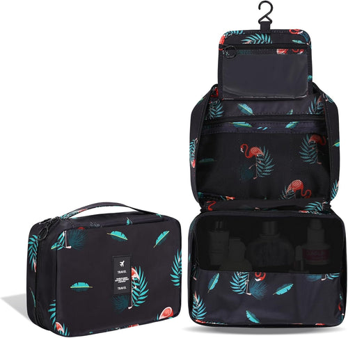 Hanging Travel Toiletry Bag, Ginsco Makeup Bag Cosmetic Bag for Women, Portable Water Resistant Toiletries Bag for Travel, Makeup Organizer with 4 Compartments & 1 Sturdy Hooks Black Flamingo