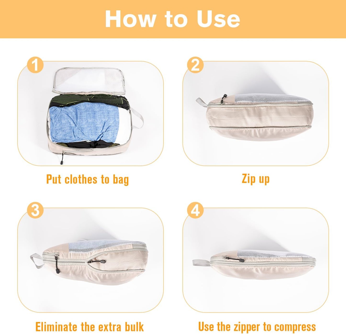 Space-Saving Suitcase Organizer Travel Organizer Suitcase Compression Travel Useful Accessories Waterproof Travel Bags for Underwear Footwear Clothes Fabric, Beige, 3 Pieces