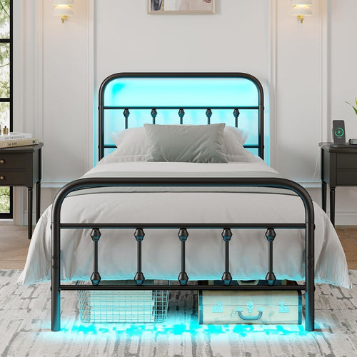 Twin Bed Frame with Charging Station, Metal Platform Bed Frame-Mattress Foundation with LED and Footboard/Under Bed Storage/No Box Spring Needed,Black