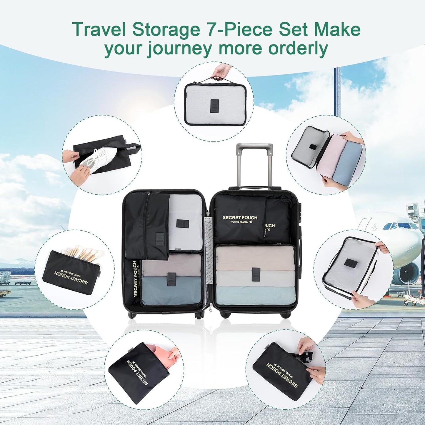 AiQInu 7-Piece Waterproof Packing Cube Set Travel Organizer for Clothes, Shoes, Underwear