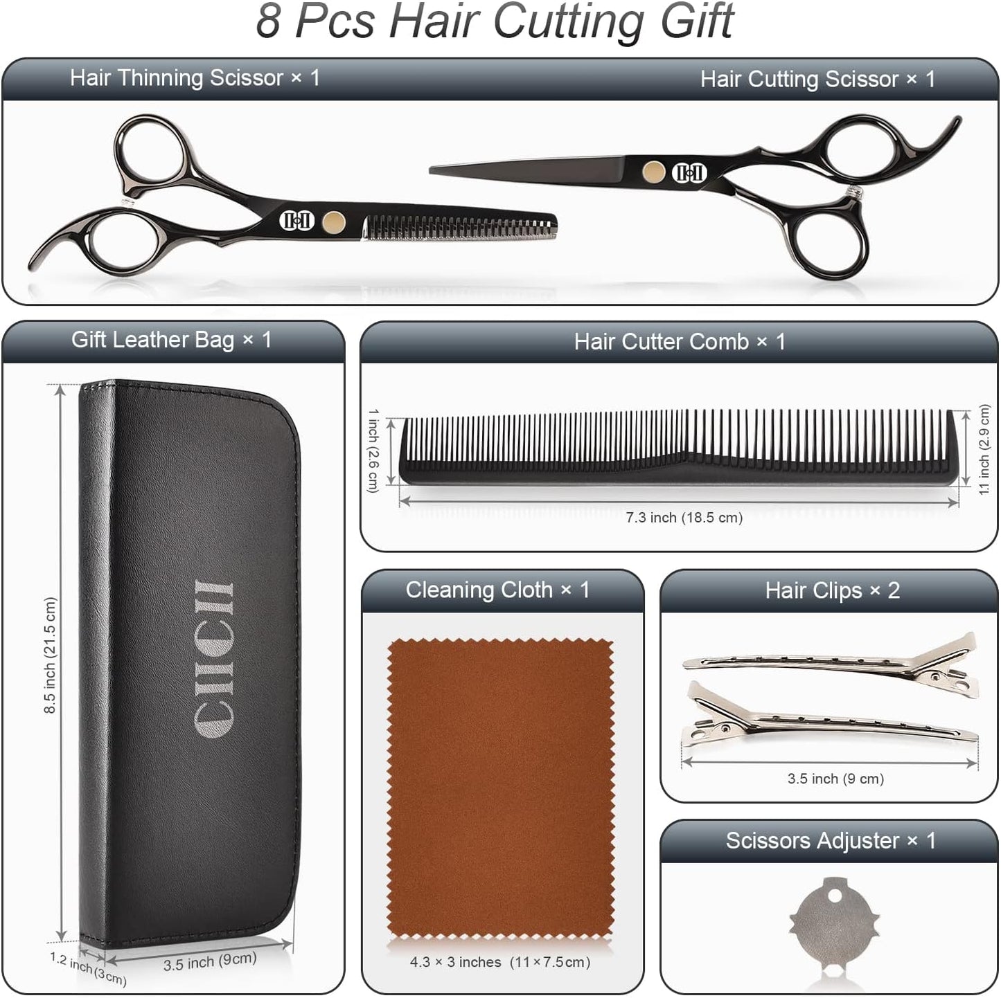 CIICII Professional Hairdressing Scissors, 8 Pieces Hair Scissors Kit (6.7 Inches/Black) & Thinning Scissors & Hair Comb for DIY Hair/Home/Barber