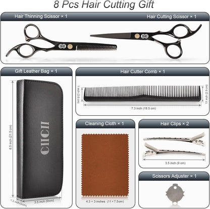CIICII Professional Hairdressing Scissors, 8 Pieces Hair Scissors Kit (6.7 Inches/Black) & Thinning Scissors & Hair Comb for DIY Hair/Home/Barber