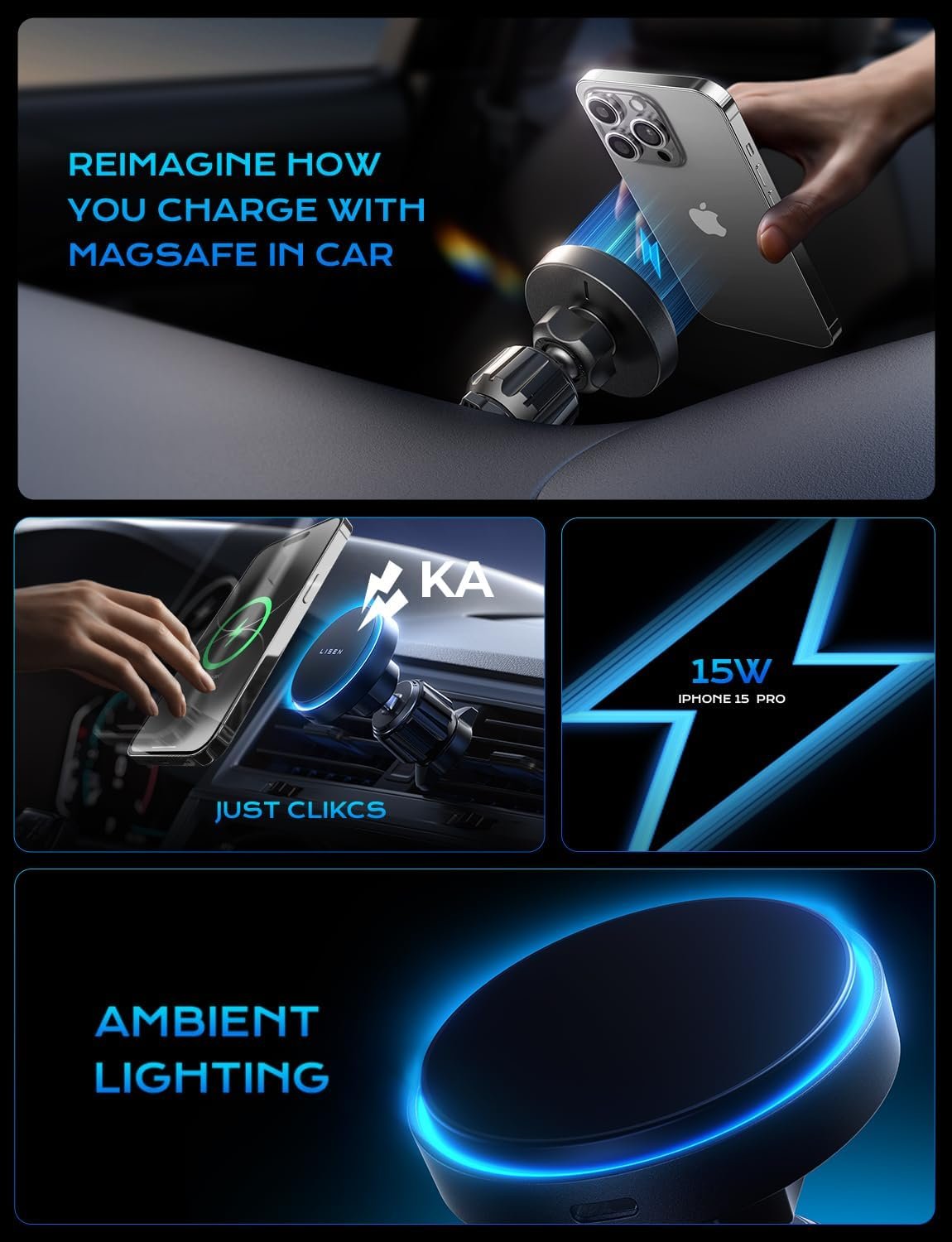 LISEN for Magsafe Car Mount Charger [20 Strongest Magnets] Hands Free 15W Wireless Car Charger Mount for iPhone16 Pro Plus Max Plus, Univesal Car Vent Magnetic Phone Holder for Car Fits iPhone 16 15