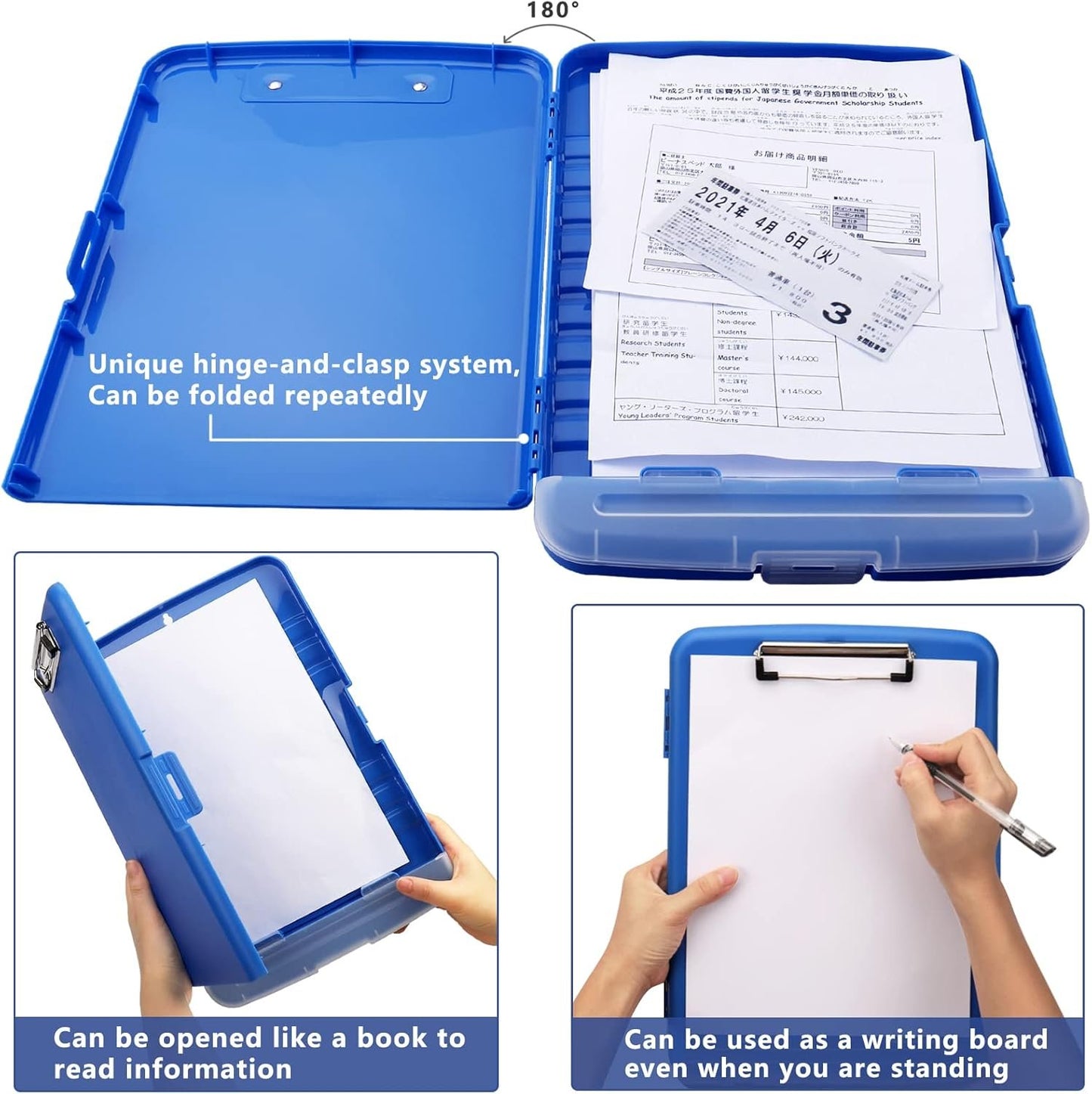 Clipboard with Storage for Office Supplies Clip Boards 8.5x11 with Storage for Nurse,Side Open Nurse Clipboard Foldable Storage Clipboard,Plastic Clipboard with Low Profile Clip Clip Board-Blue