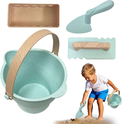 Toddler Beach Toys, Sand Box Castle Play Beach, Buckets Sand Toy Set Shovels, Molds, Sandbox Tool Kit with Mesh Bag for Outdoor, 6.69 x 6.5 x 4.33 Inches, Green