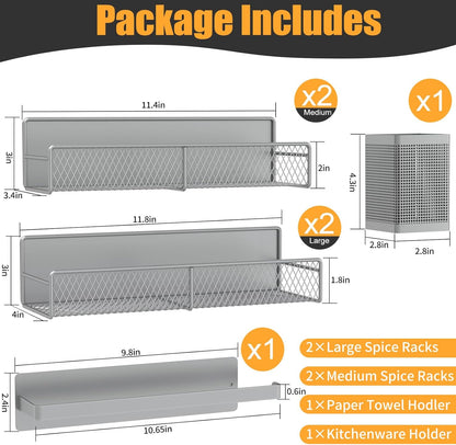 Magnetic Spice Rack for Refrigerator, 6 Pack 100% Metal Strong Magnet Shelf, Space Saving Spice Organizer, Home Kitchen Laundry Room Storage Organization W/ Paper Towel Holder, Utensils Racks (Grey)
