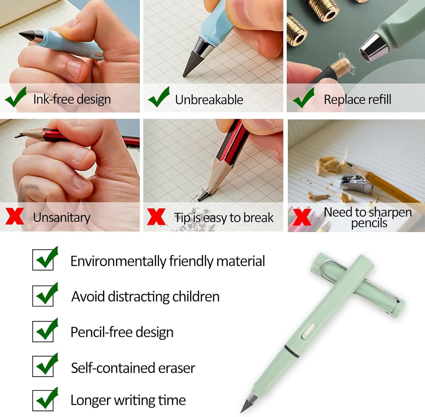 HTDYK 8pcs Infinity Pencil, Cute Everlasting Inkless Pencil with 8pcs Replacement Nibs, Sustainable Reusable Erasable Lapiz Infinito, Infinite Pen Stationery for Kids Student Worker Writing Drawing