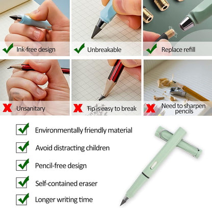 HTDYK 8pcs Infinity Pencil, Cute Everlasting Inkless Pencil with 8pcs Replacement Nibs, Sustainable Reusable Erasable Lapiz Infinito, Infinite Pen Stationery for Kids Student Worker Writing Drawing