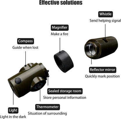 Emergency Survival Whistle,Multifunctional Outdoor Tools,Loud Safety Signaling,Compass/Thermometer/Light/Magnifier/Reflector Mirror/Storage Room/Lanyard,Expedition/Exploration/Hiking/Camping/Climbing