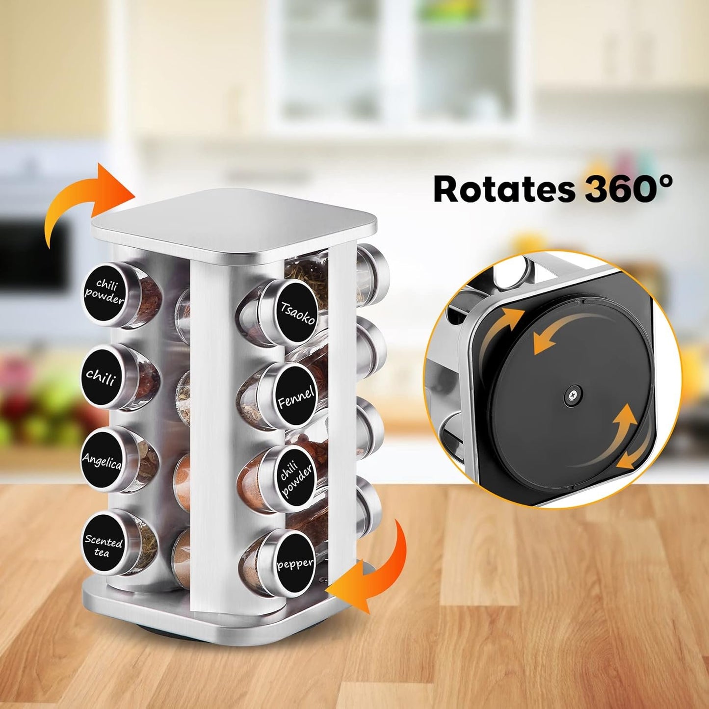 Countertop Revolving Spice Rack, 16-Jars Stainless Steel Spice Rack Organizer, Square Carousel Spice Rack Tower, Seasoning Storage Organization for Kitchen Home Dried Herbs